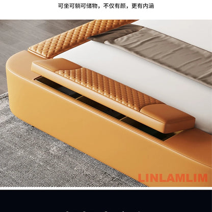 All In One Bed, Genuine Leather Bed King/Queen Size with Storage, Speaker,LED Light & USB, Luxury Upholstered Platform Bed Frame