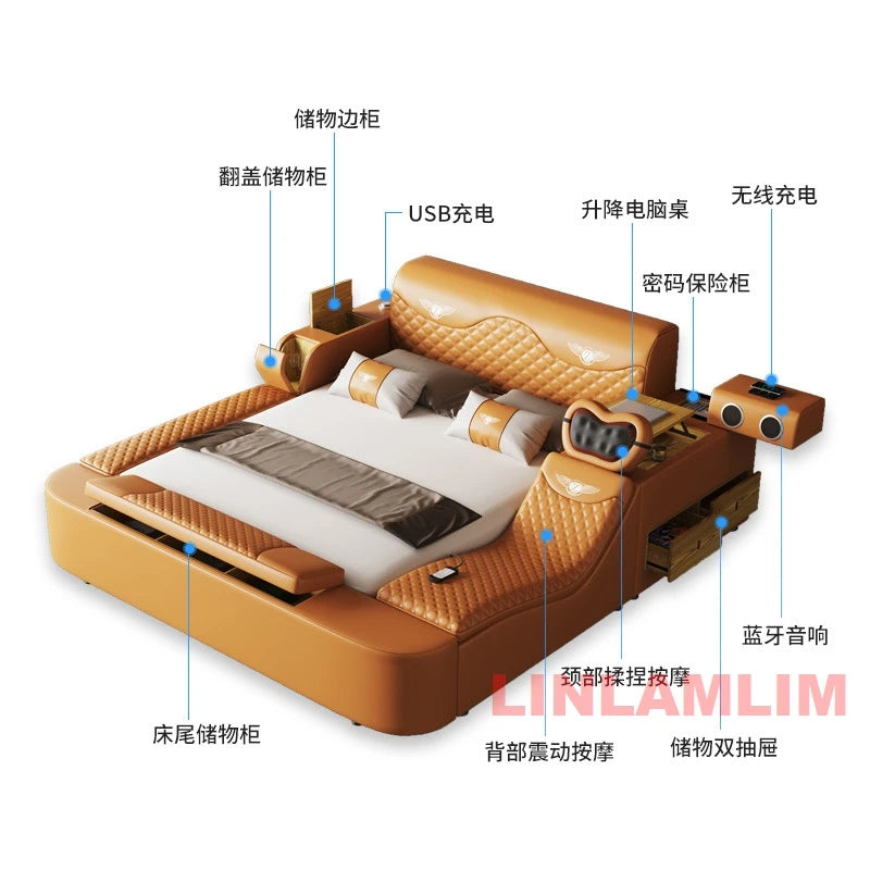 All In One Bed, Genuine Leather Bed King/Queen Size with Storage, Speaker,LED Light & USB, Luxury Upholstered Platform Bed Frame
