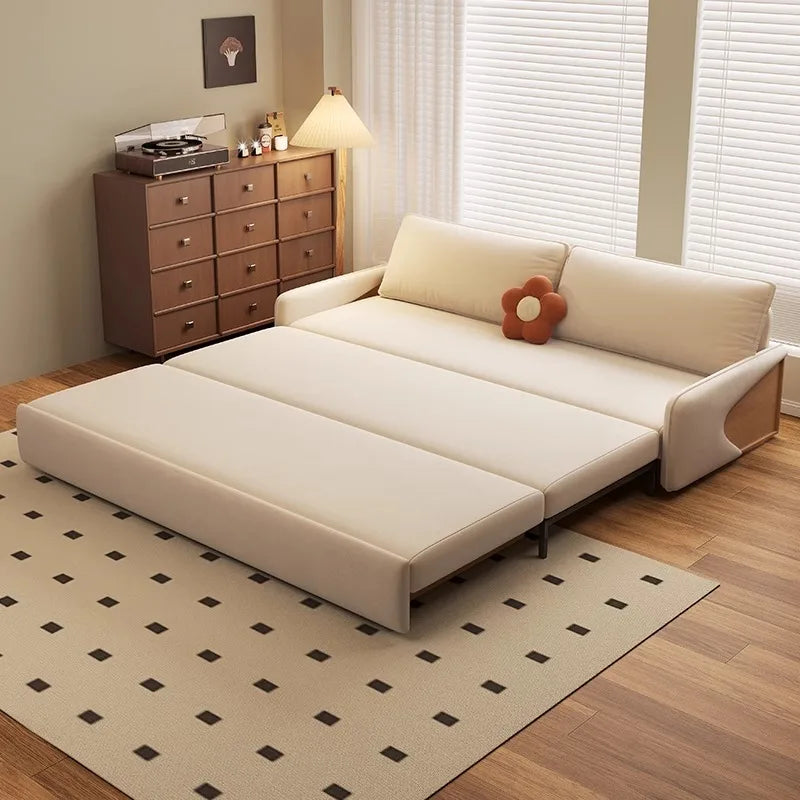 Modern simple solid wood sofa bed foldable for sitting and lying