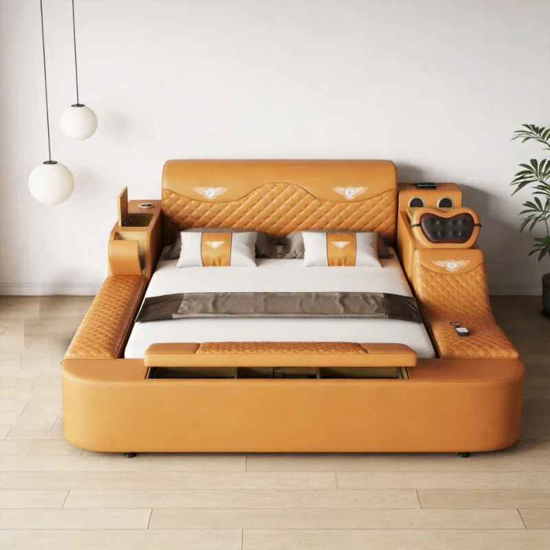 All In One Bed, Genuine Leather Bed King/Queen Size with Storage, Speaker,LED Light & USB, Luxury Upholstered Platform Bed Frame