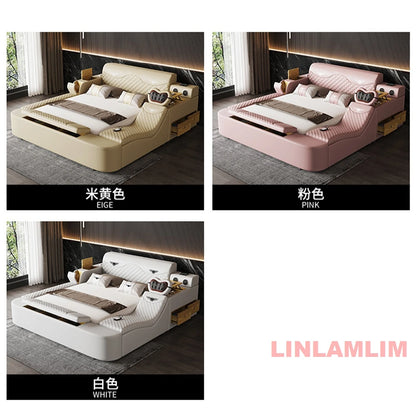 All In One Bed, Genuine Leather Bed King/Queen Size with Storage, Speaker,LED Light & USB, Luxury Upholstered Platform Bed Frame