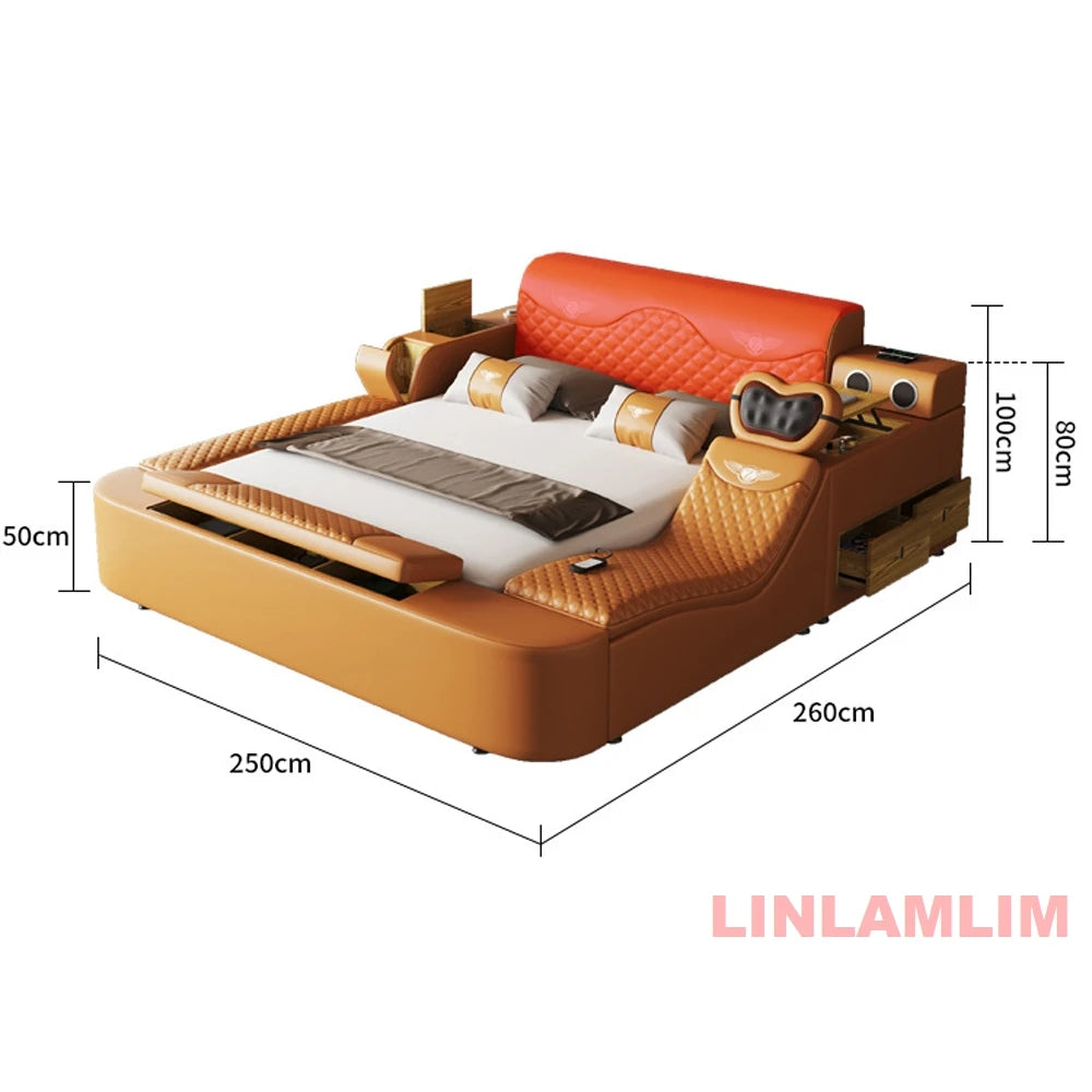 All In One Bed, Genuine Leather Bed King/Queen Size with Storage, Speaker,LED Light & USB, Luxury Upholstered Platform Bed Frame