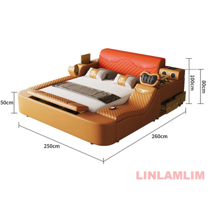 All In One Bed, Genuine Leather Bed King/Queen Size with Storage, Speaker,LED Light & USB, Luxury Upholstered Platform Bed Frame