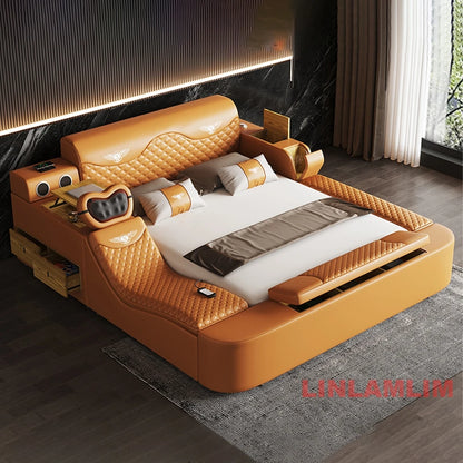 All In One Bed, Genuine Leather Bed King/Queen Size with Storage, Speaker,LED Light & USB, Luxury Upholstered Platform Bed Frame