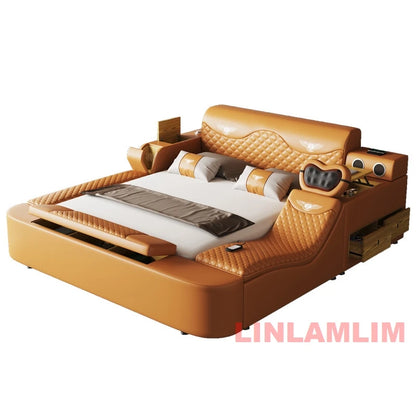 All In One Bed, Genuine Leather Bed King/Queen Size with Storage, Speaker,LED Light & USB, Luxury Upholstered Platform Bed Frame