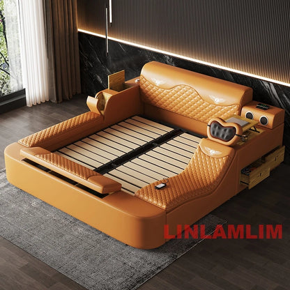 All In One Bed, Genuine Leather Bed King/Queen Size with Storage, Speaker,LED Light & USB, Luxury Upholstered Platform Bed Frame