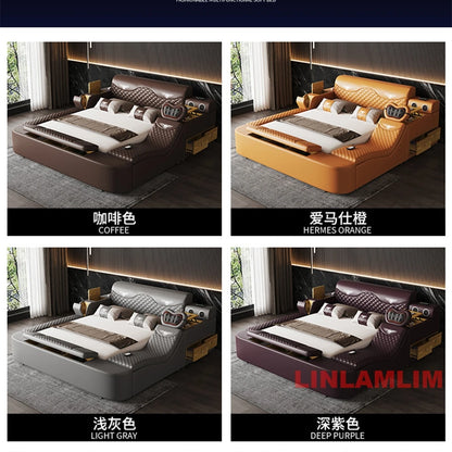 All In One Bed, Genuine Leather Bed King/Queen Size with Storage, Speaker,LED Light & USB, Luxury Upholstered Platform Bed Frame