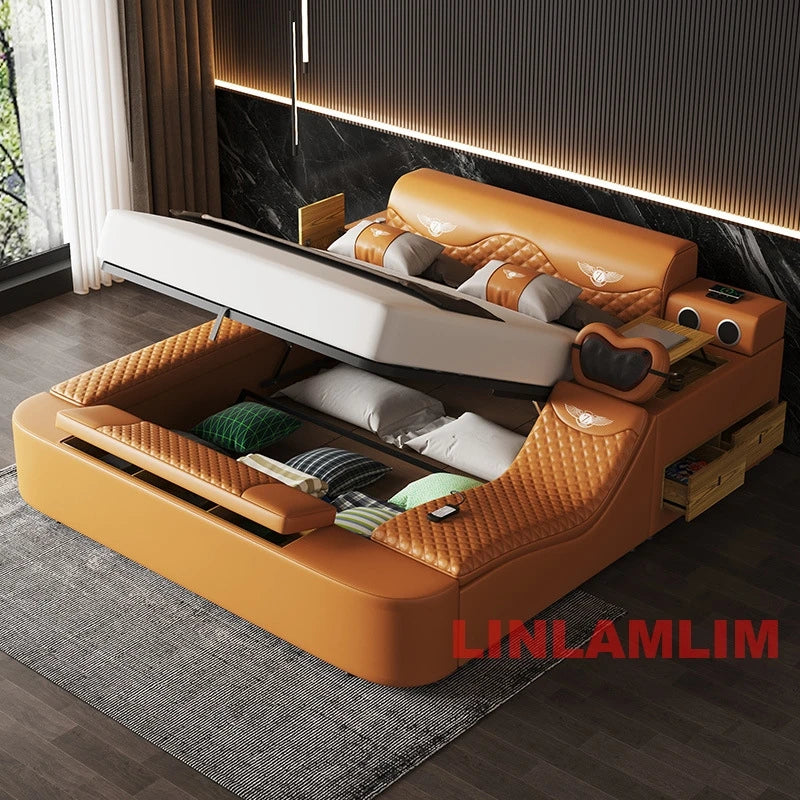 All In One Bed, Genuine Leather Bed King/Queen Size with Storage, Speaker,LED Light & USB, Luxury Upholstered Platform Bed Frame
