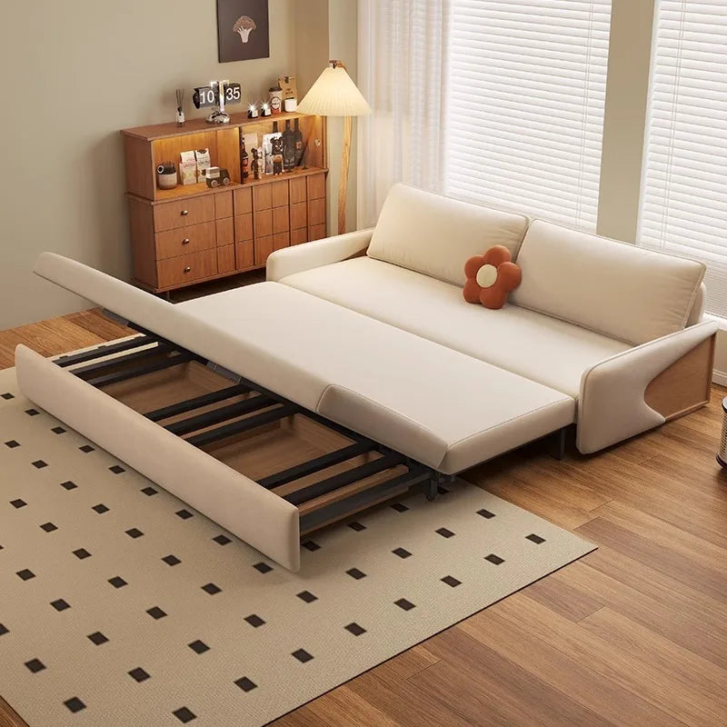 Modern simple solid wood sofa bed foldable for sitting and lying